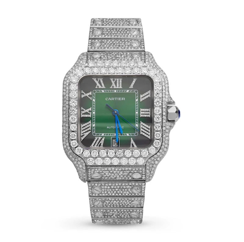 Cartier Santos Diamond Watch Green Roman Dial