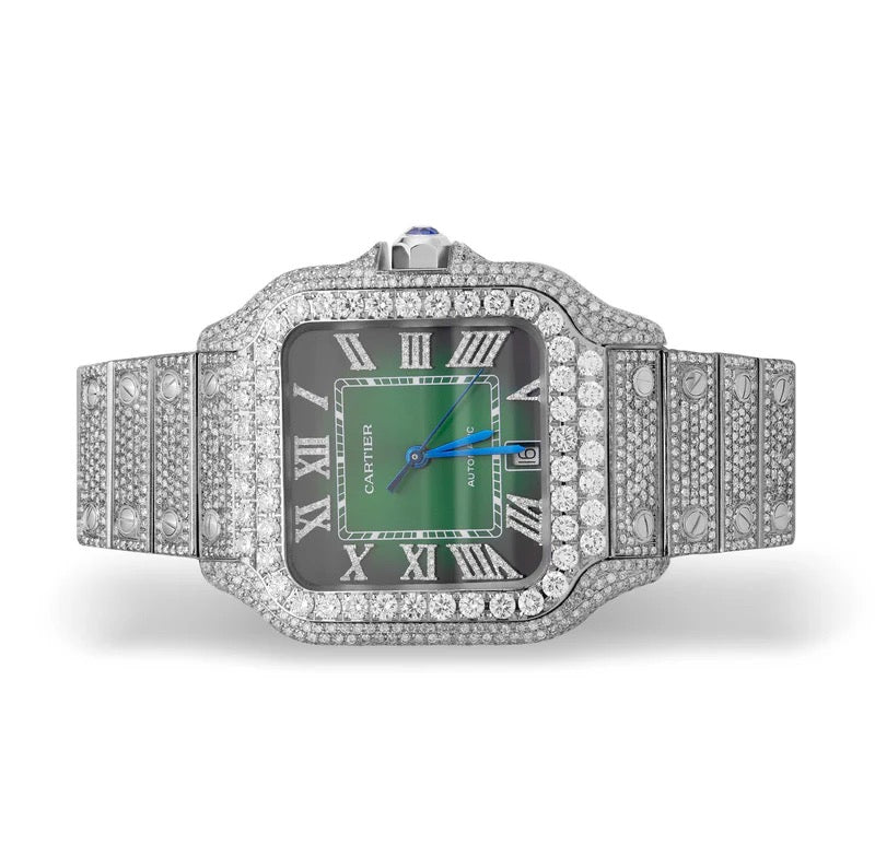 Cartier Santos Diamond Watch Green Roman Dial