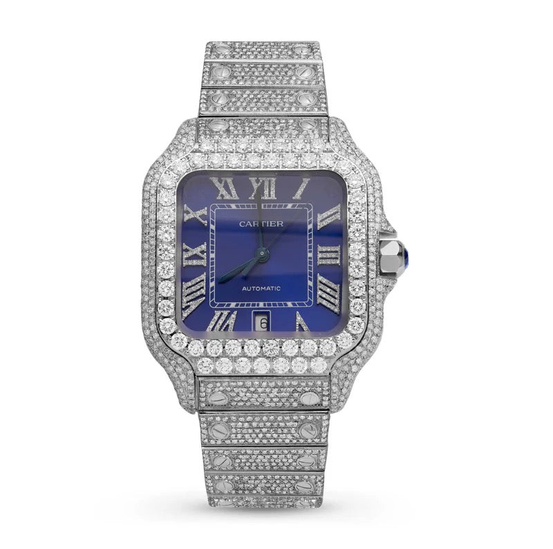 Cartier Santos Diamond Watch Blue Roman Dial