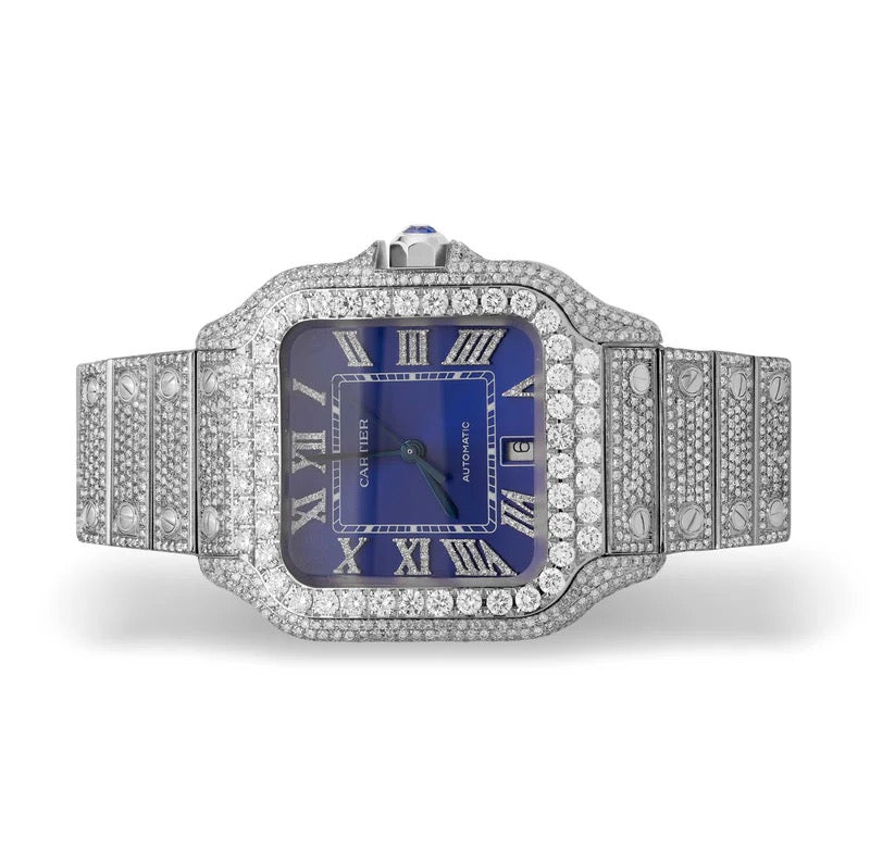 Cartier Santos Diamond Watch Blue Roman Dial
